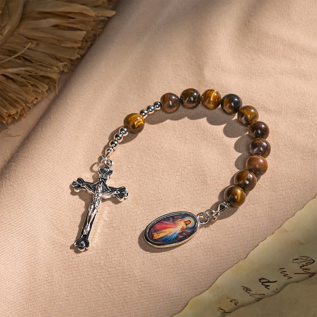 Christianartworkshop Rosario tascabile compatto in occhio di tigre con crocifisso e Divina Misericordia per le preghiere quotidiane - Divina Misericordia - image 0