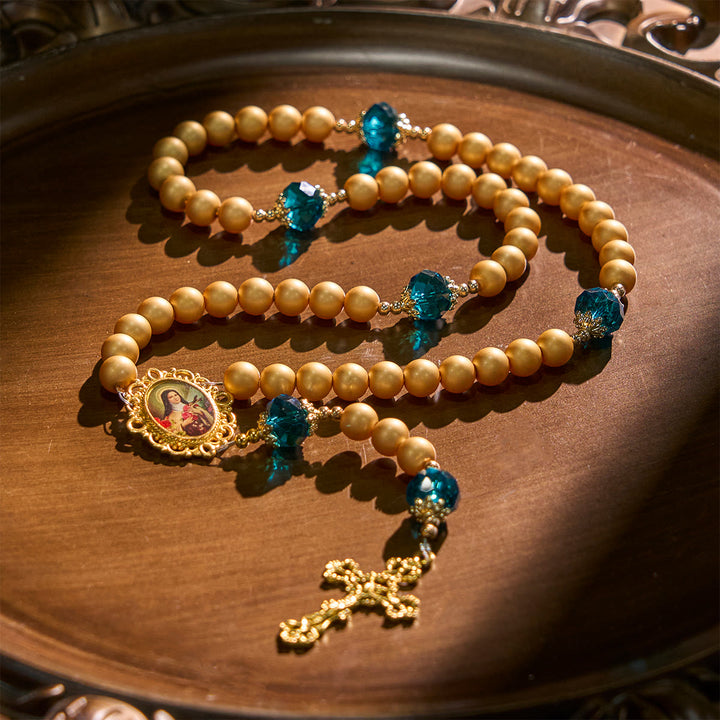 Rosario elegante color oro opaco con perle, raffigurante Santa Teresa e il Crocifisso, Christianartworkshop. - image 7