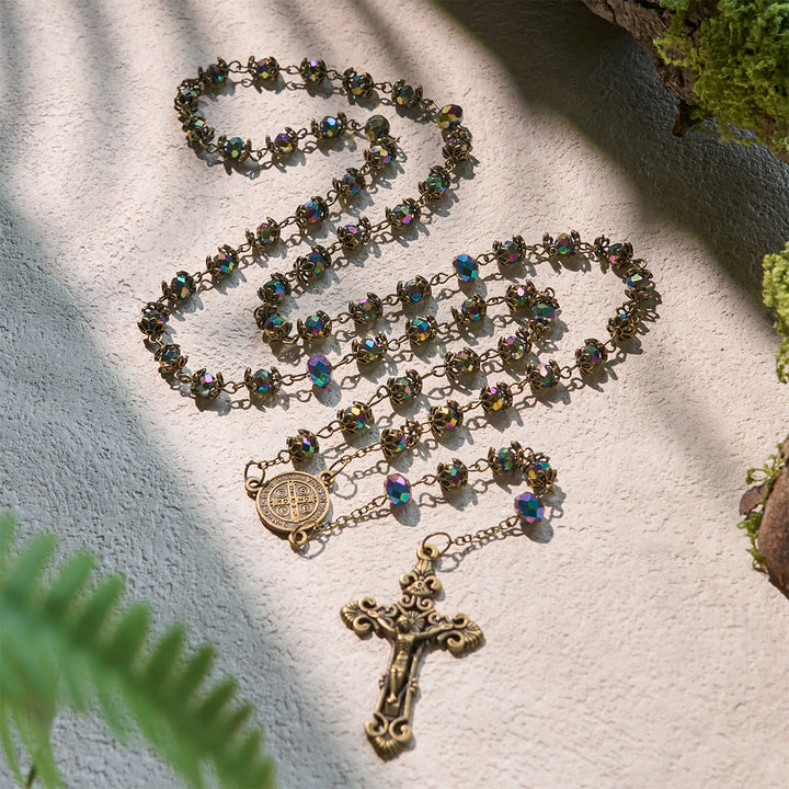 Christianartworkshop Rosario fedele in ematite con crocifisso in bronzo e ciondolo di San Benedetto - Crocifisso e San Benedetto - image 0