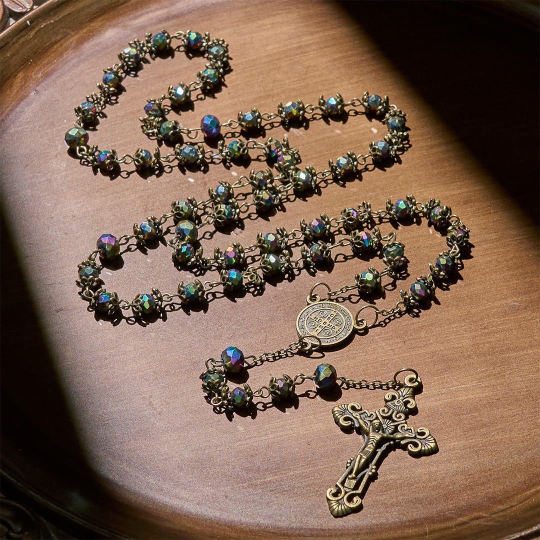 Christianartworkshop Rosario fedele in ematite con crocifisso in bronzo e ciondolo di San Benedetto - image 1