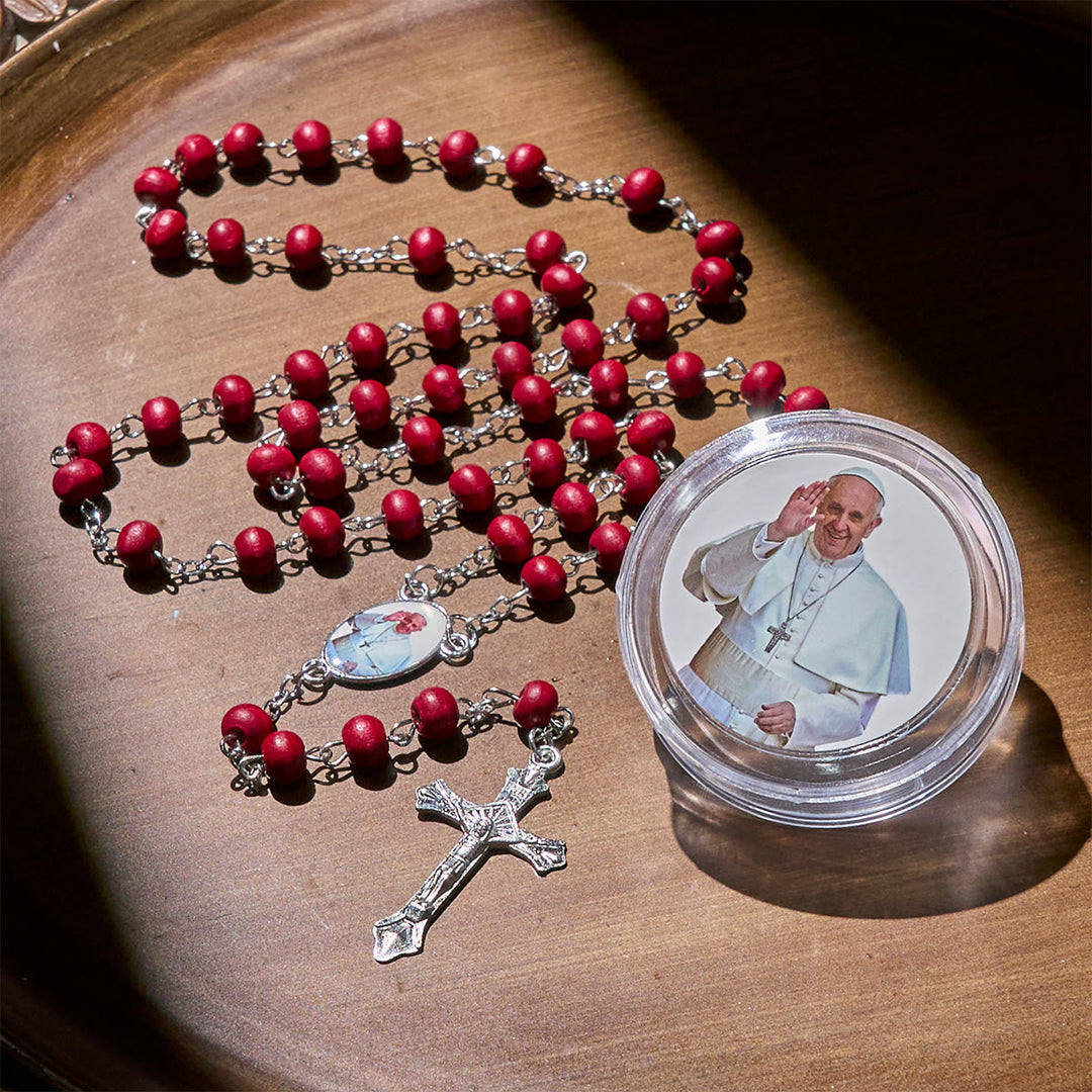 Christianartworkshop Rosario divino in legno rosso e bianco con custodia per la benedizione di Papa Francesco - image 4