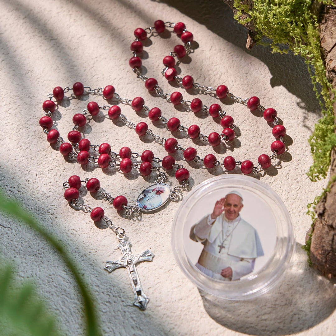Christianartworkshop Rosario divino in legno rosso e bianco con custodia per la benedizione di Papa Francesco - Rosso - image 0