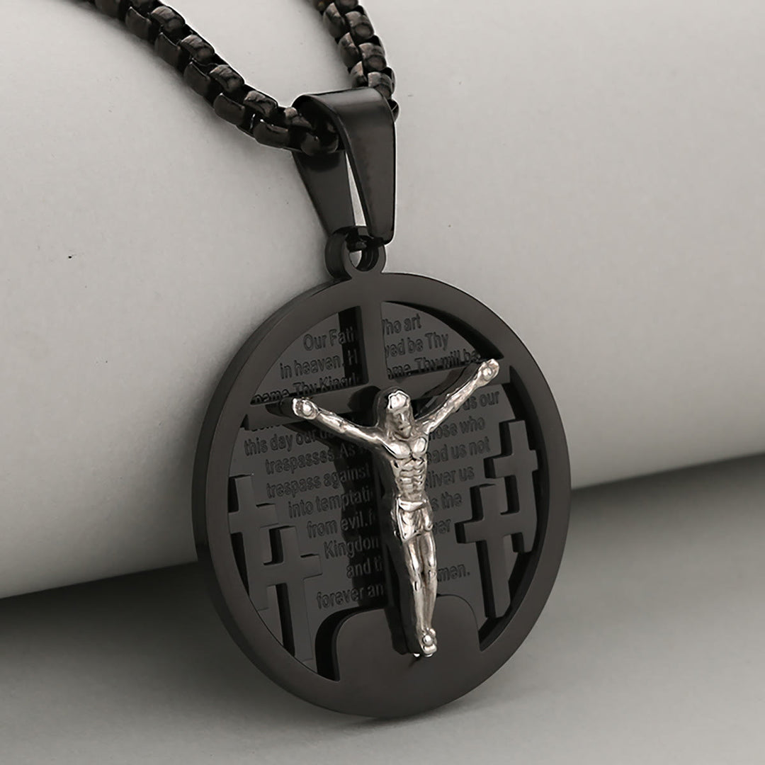 Collana con ciondolo crocifisso rotondo Christianartworkshop in quattro colori, perfetta per regali religiosi - Nero + Argento - image 3