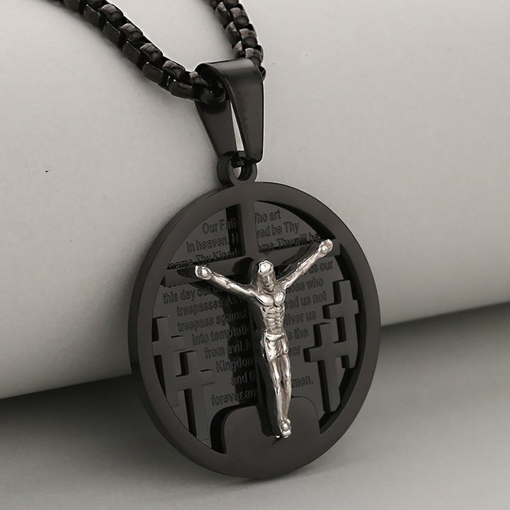 Collana con ciondolo crocifisso rotondo Christianartworkshop in quattro colori, perfetta per regali religiosi - Nero + Argento - image 3