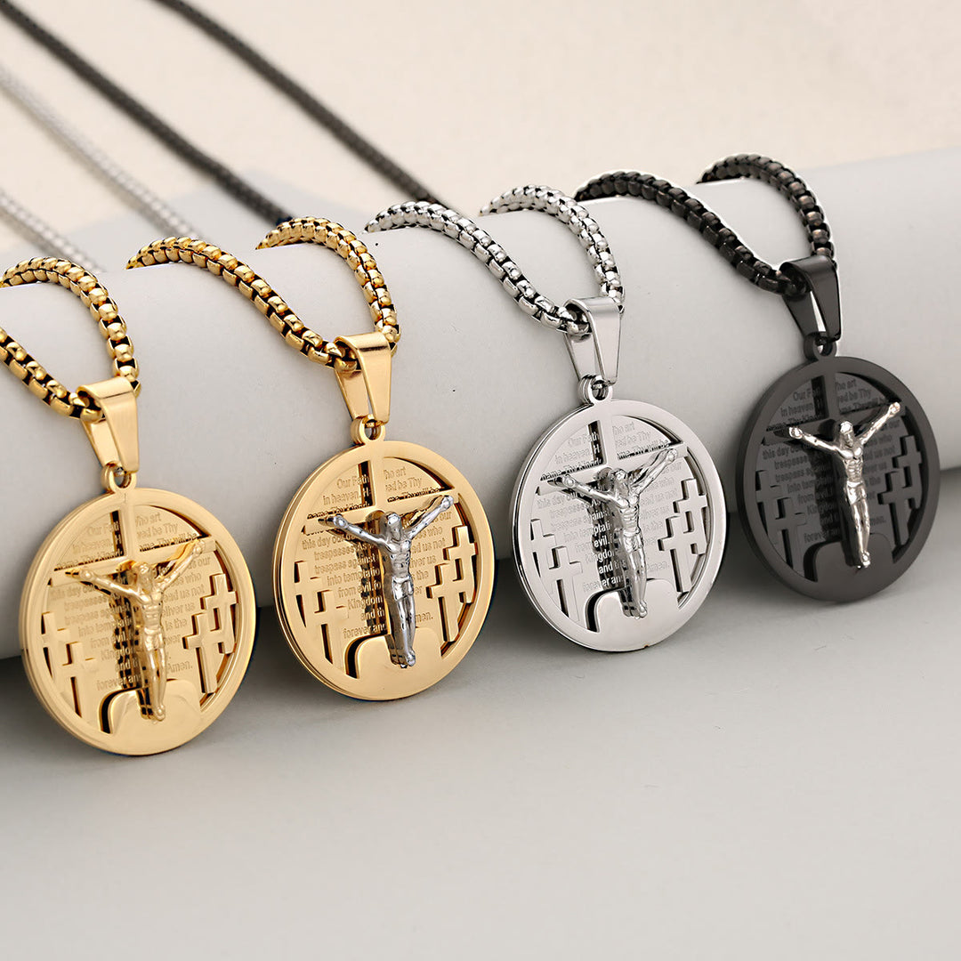 Collana con ciondolo crocifisso rotondo Christianartworkshop in quattro colori, perfetta per regali religiosi - image 1