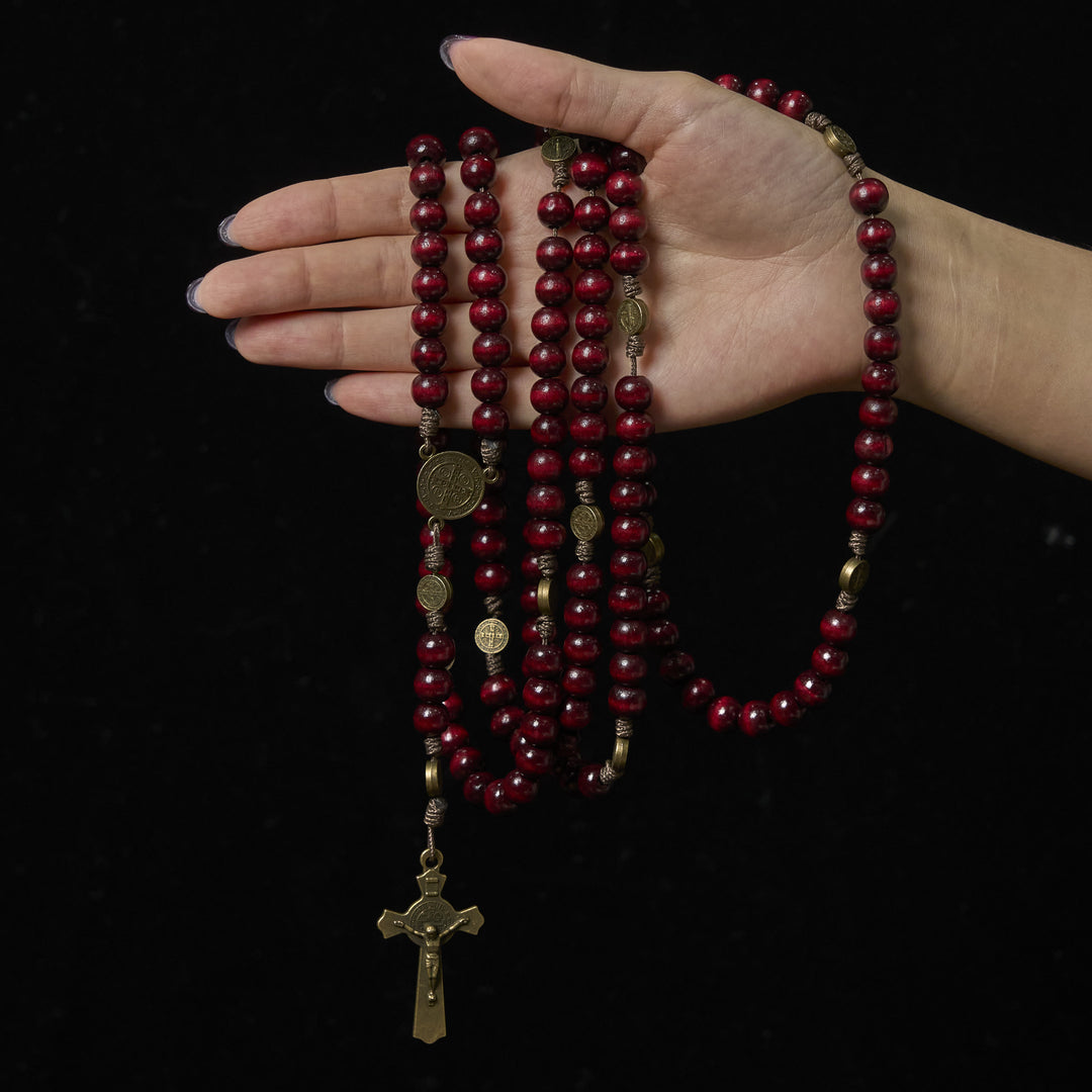 Rosario in legno d'ulivo da 15/20 decadi Christianartworkshop con San Benedetto, crocifisso e catena da vita: devozione divina a doppio uso - image 10