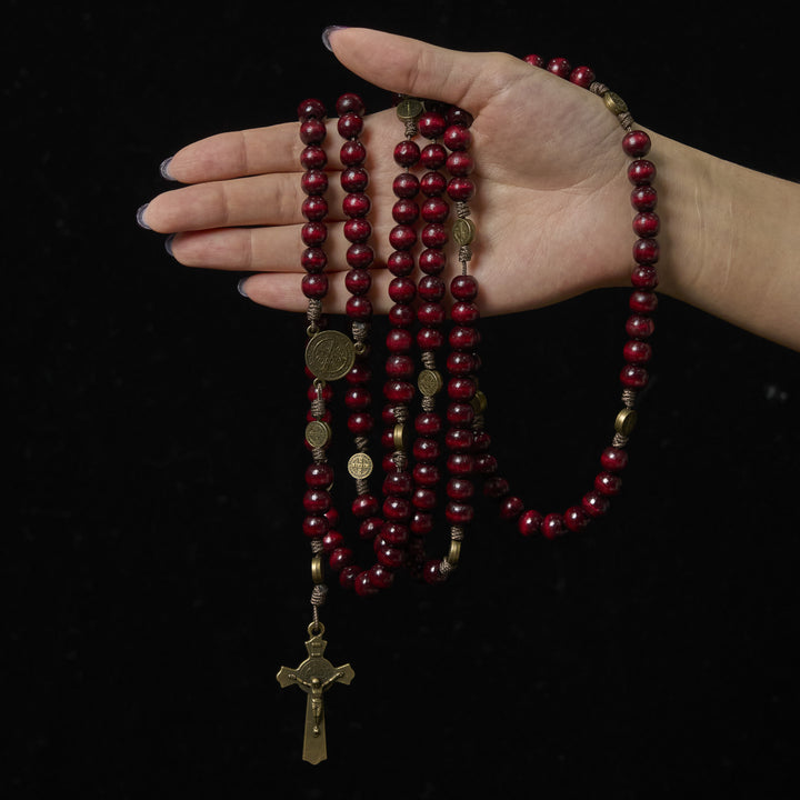 Rosario in legno d'ulivo da 15/20 decadi Christianartworkshop con San Benedetto, crocifisso e catena da vita: devozione divina a doppio uso - image 10