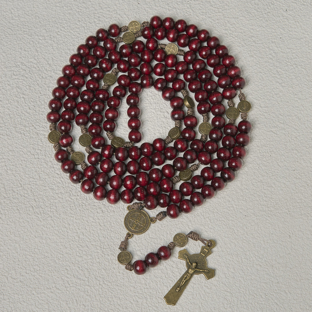 Rosario in legno d'ulivo da 15/20 decadi Christianartworkshop con San Benedetto, crocifisso e catena da vita: devozione divina a doppio uso - 15 Decennio - Vino - image 9