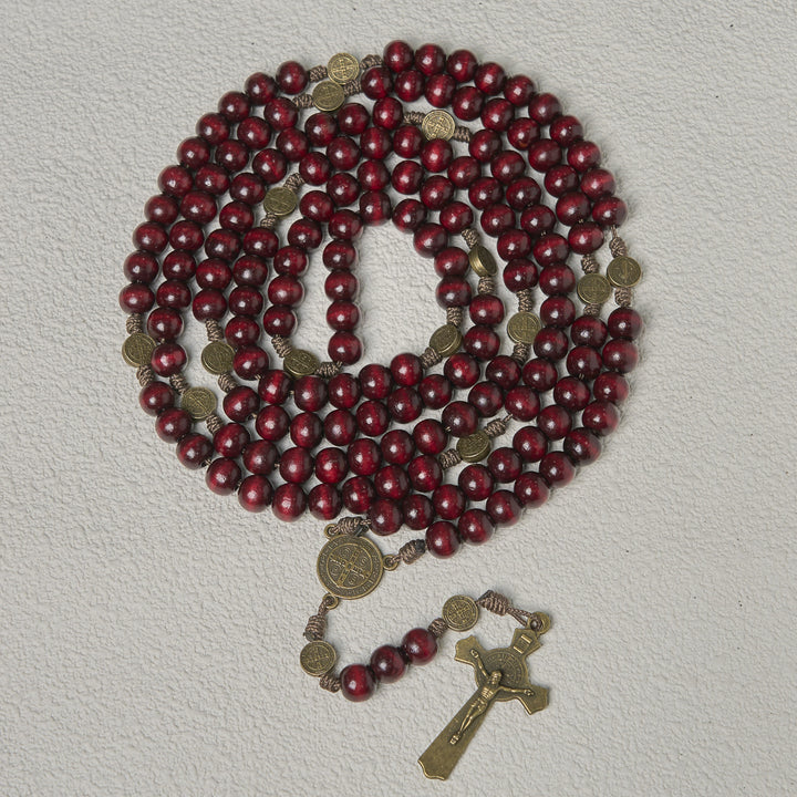 Rosario in legno d'ulivo da 15/20 decadi Christianartworkshop con San Benedetto, crocifisso e catena da vita: devozione divina a doppio uso - 15 Decennio - Vino - image 9