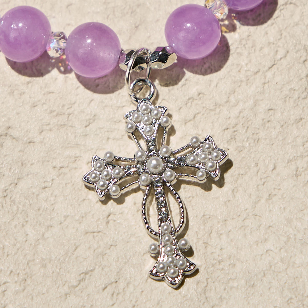 Braccialetti devozionali fatti a mano con perline viola e crocifisso scintillante Christianartworkshop - image 4