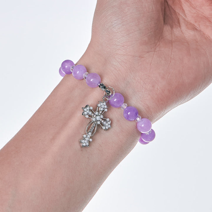 Braccialetti devozionali fatti a mano con perline viola e crocifisso scintillante Christianartworkshop - image 1