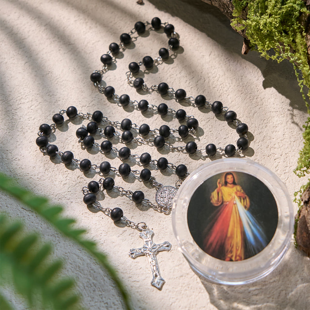 Rosario di preghiera in legno nero con crocifisso e scatola regalo religiosa della Divina Misericordia Christianartworkshop - Divina Misericordia e Crocifisso - image 0
