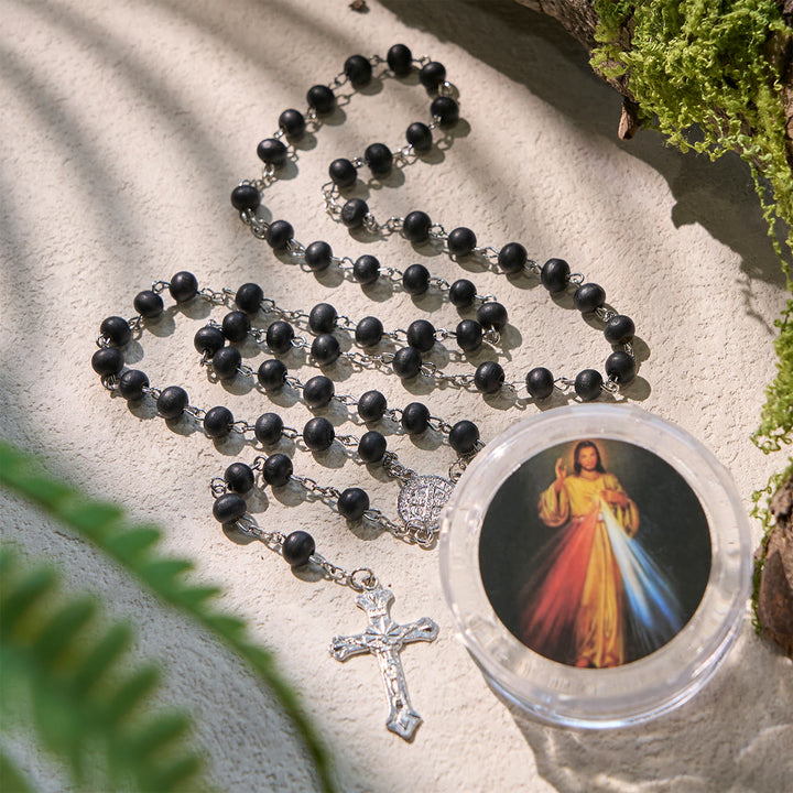 Rosario di preghiera in legno nero con crocifisso e scatola regalo religiosa della Divina Misericordia Christianartworkshop - Divina Misericordia e Crocifisso - image 0