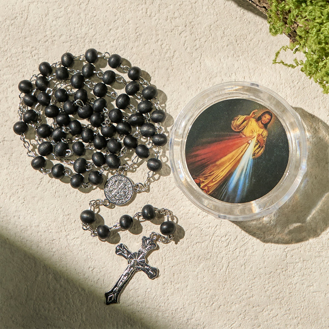 Rosario di preghiera in legno nero con crocifisso e scatola regalo religiosa della Divina Misericordia Christianartworkshop - image 1