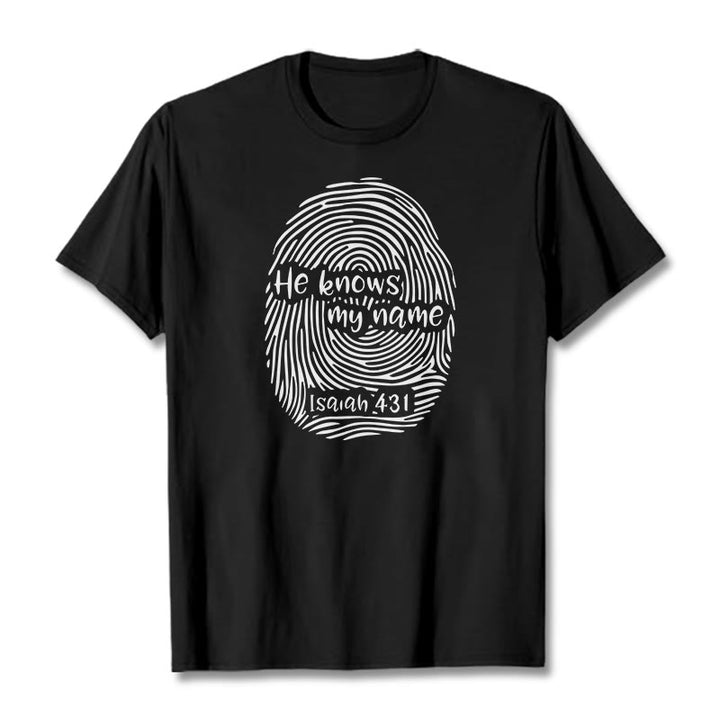 Christianartworkshop Lui conosce il mio nome, impronta digitale, versetto della Bibbia, maglietta unisex - Nero - 2XL - image 0