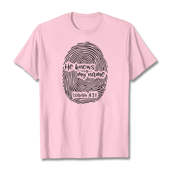 Christianartworkshop Lui conosce il mio nome, impronta digitale, versetto della Bibbia, maglietta unisex - Rosa chiaro - 2XL - image 16