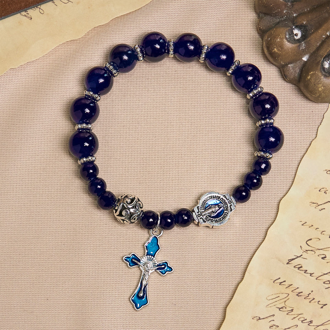 Christianartworkshop Eleganti braccialetti di perline blu intenso con crocifisso e medaglia miracolosa - image 3