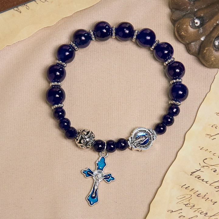 Christianartworkshop Eleganti braccialetti di perline blu intenso con crocifisso e medaglia miracolosa - image 3