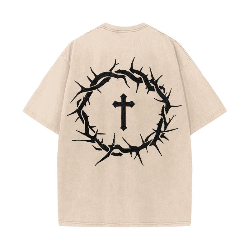 Christianartworkshop Maglietta unisex lavata con scritta "Fede contro la paura" e scritta "Croce di spine" - Albicocca - 5XL - image 6