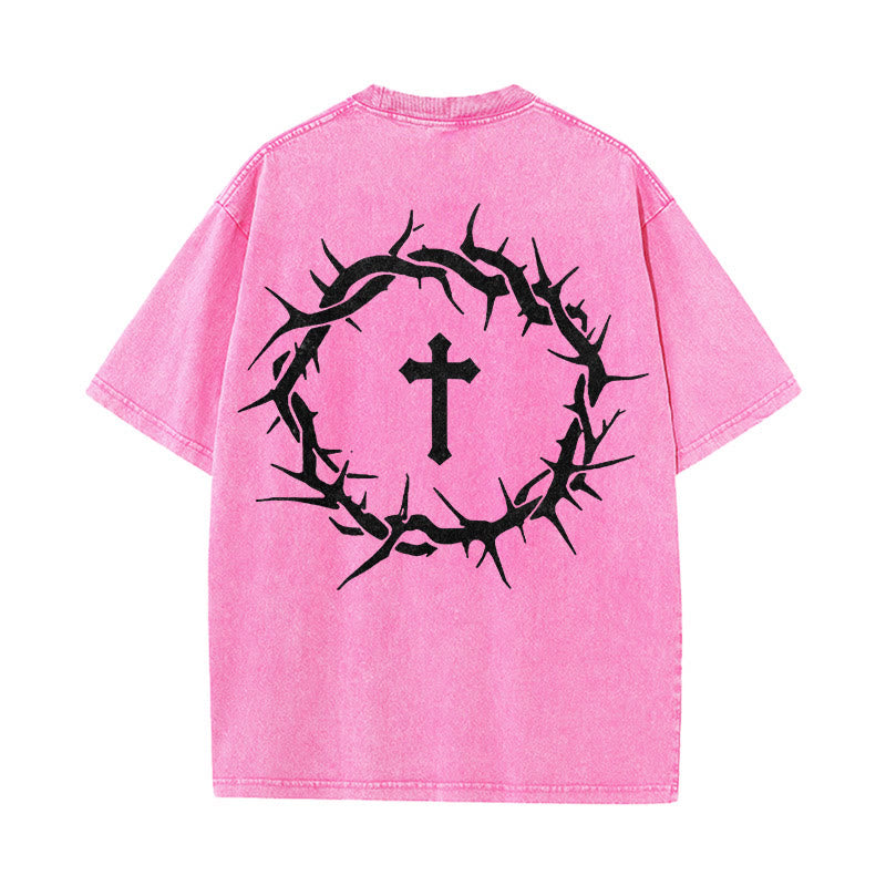Christianartworkshop Maglietta unisex lavata con scritta "Fede contro la paura" e scritta "Croce di spine" - Rosa - 5XL - image 18