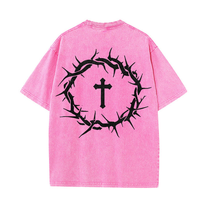 Christianartworkshop Maglietta unisex lavata con scritta "Fede contro la paura" e scritta "Croce di spine" - Rosa - 5XL - image 18