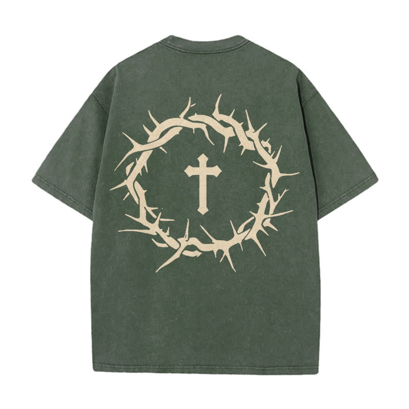 Christianartworkshop Maglietta unisex lavata con scritta "Fede contro la paura" e scritta "Croce di spine" - Verde militare - 5XL - image 9