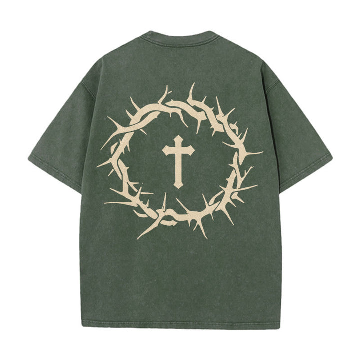 Christianartworkshop Maglietta unisex lavata con scritta "Fede contro la paura" e scritta "Croce di spine" - Verde militare - 5XL - image 8