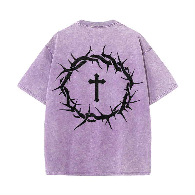 Christianartworkshop Maglietta unisex lavata con scritta "Fede contro la paura" e scritta "Croce di spine" - Viola - 5XL - image 12