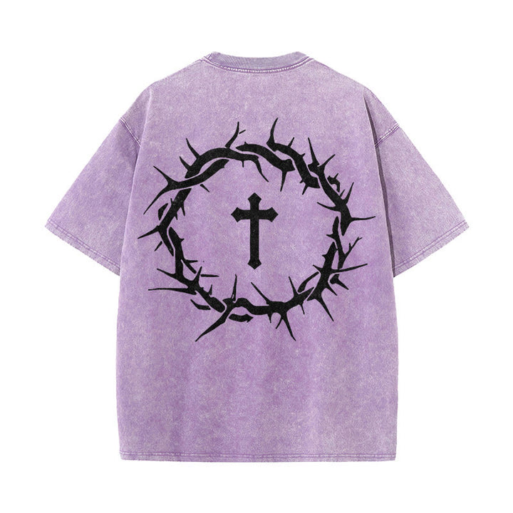 Christianartworkshop Maglietta unisex lavata con scritta "Fede contro la paura" e scritta "Croce di spine" - Viola - 5XL - image 12