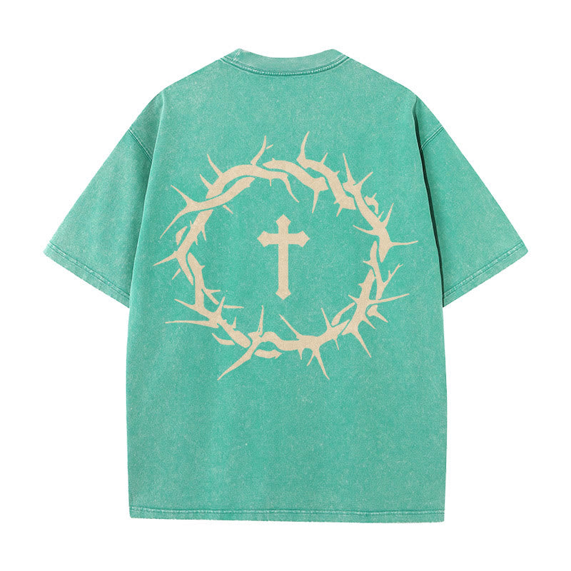Christianartworkshop Maglietta unisex lavata con scritta "Fede contro la paura" e scritta "Croce di spine" - Verde - 5XL - image 16