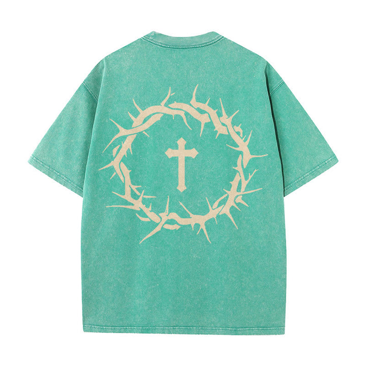 Christianartworkshop Maglietta unisex lavata con scritta "Fede contro la paura" e scritta "Croce di spine" - Verde - 5XL - image 16