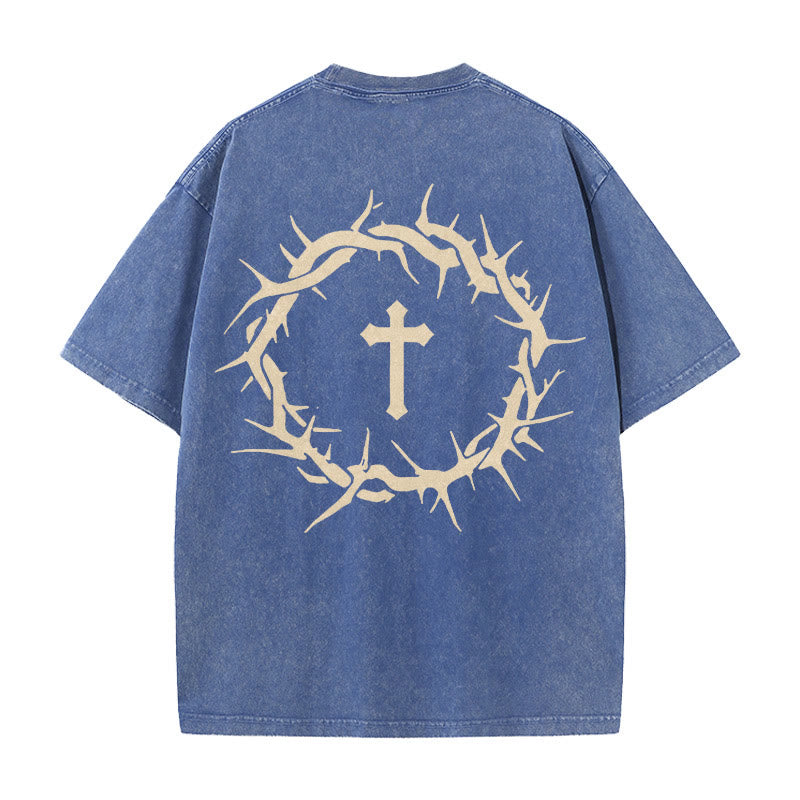 Christianartworkshop Maglietta unisex lavata con scritta "Fede contro la paura" e scritta "Croce di spine" - Blu - 5XL - image 10