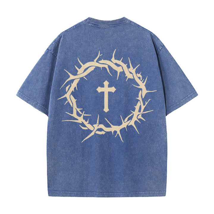 Christianartworkshop Maglietta unisex lavata con scritta "Fede contro la paura" e scritta "Croce di spine" - Blu - 5XL - image 10