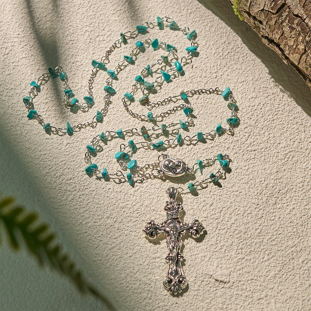 Christianartworkshop Rosario unico in turchese con Santa Maria e crocifisso decorato - Vergine Maria e Crocifisso - image 0