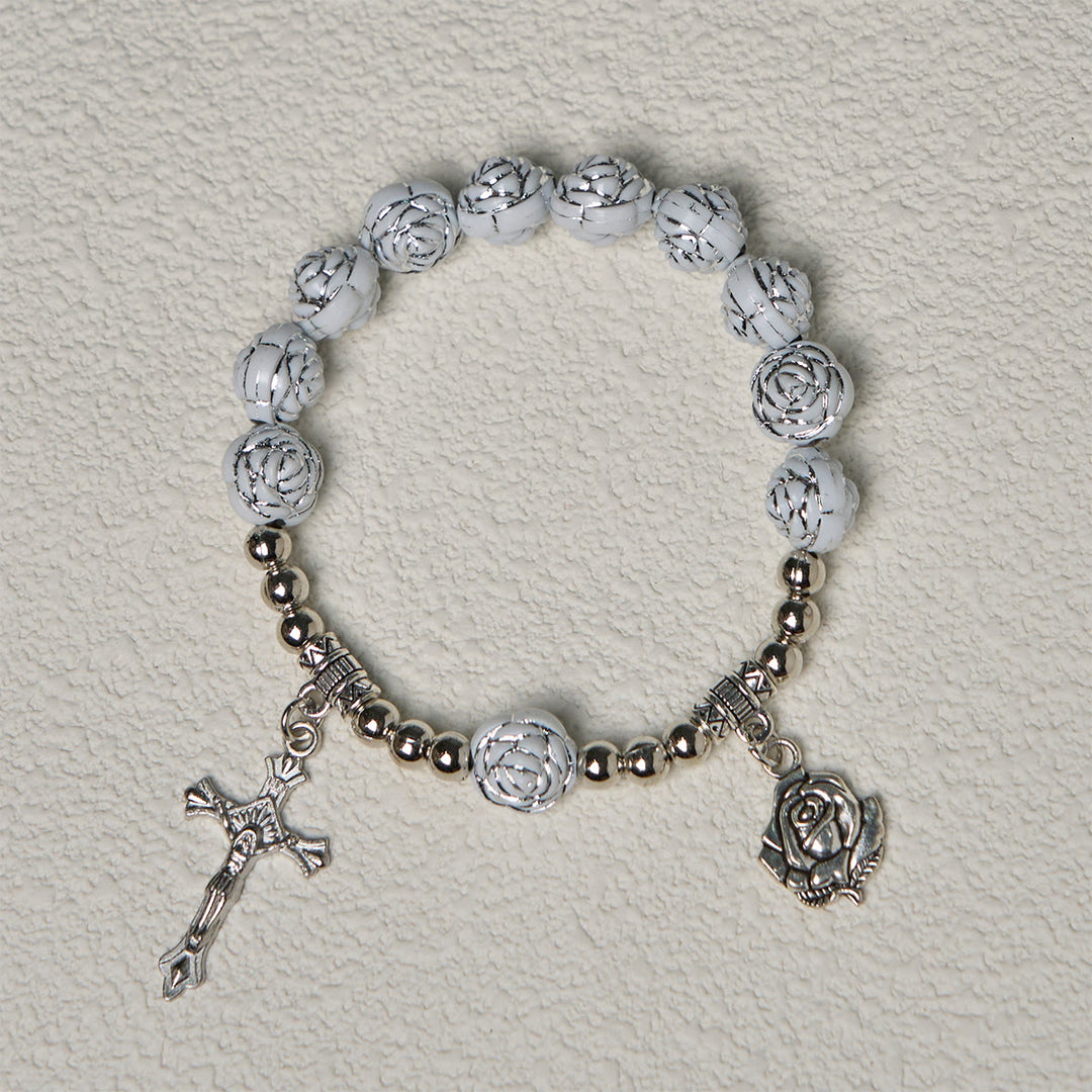 Christianartworkshop Delicato rosario devozionale con perline di rosa bianca e braccialetti con la Vergine Maria - image 14
