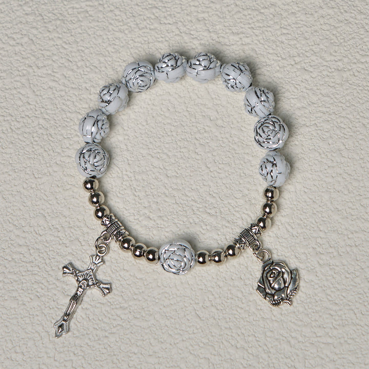 Christianartworkshop Delicato rosario devozionale con perline di rosa bianca e braccialetti con la Vergine Maria - image 14