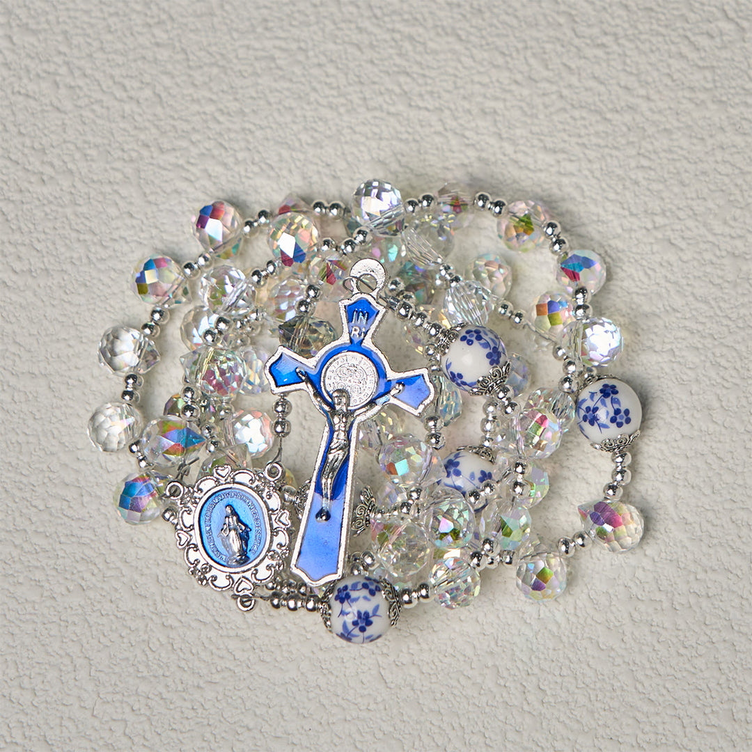 Christianartworkshop Rosario con perline floreali blu e cristallo scintillante, crocifisso smaltato e Madonna - image 10