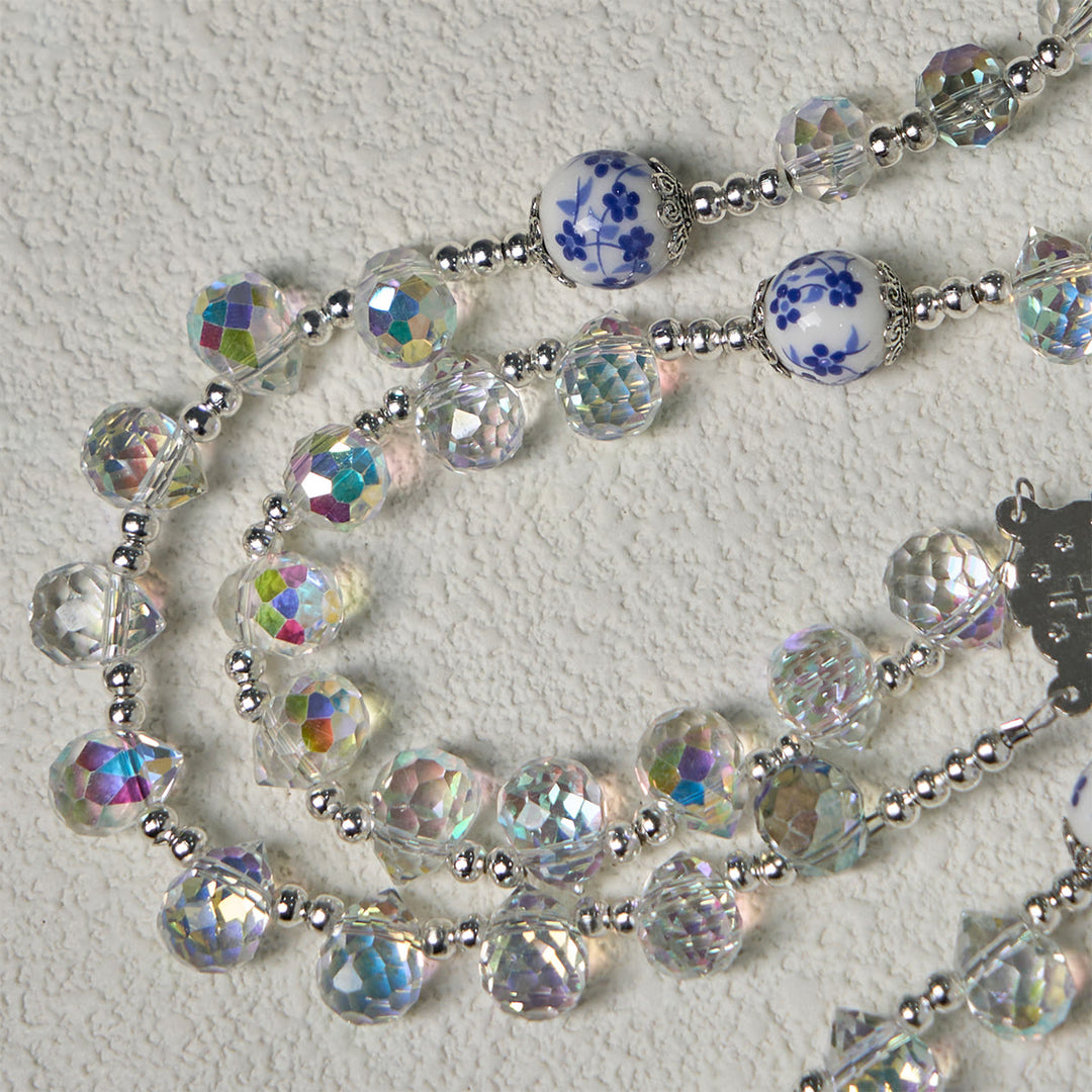 Christianartworkshop Rosario con perline floreali blu e cristallo scintillante, crocifisso smaltato e Madonna - image 9