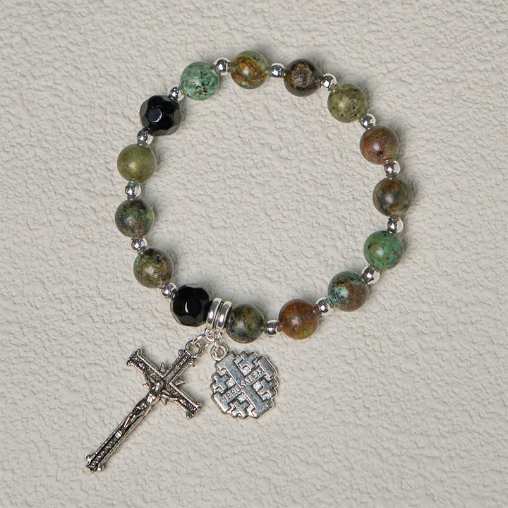 Braccialetti ispirati al rosario spirituale e terroso Christianartworkshop con crocifisso e croce di Gerusalemme - image 5
