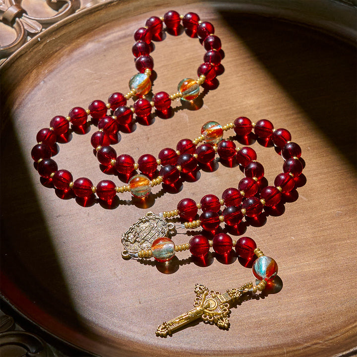 Christianartworkshop Rosario della Madonna di Fatima con perle di grazia color rosso vino e arcobaleno brillante - image 1