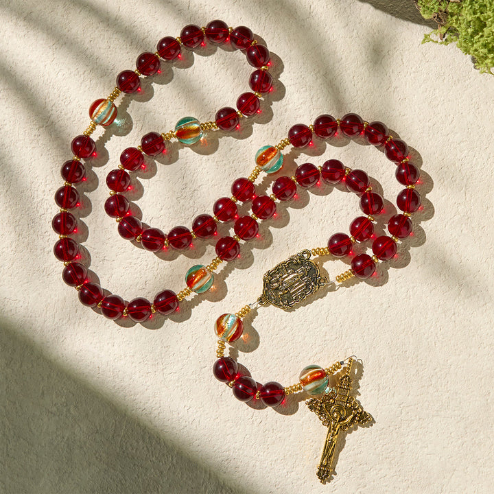 Christianartworkshop Rosario della Madonna di Fatima con perle di grazia color rosso vino e arcobaleno brillante - image 2