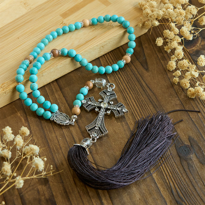 Christianartworkshop Modern Grace - Rosario con pietra preziosa turchese e ciondolo a croce con nappa - Turchese - image 0