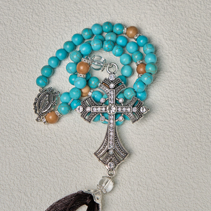 Christianartworkshop Modern Grace - Rosario con pietra preziosa turchese e ciondolo a croce con nappa - image 7