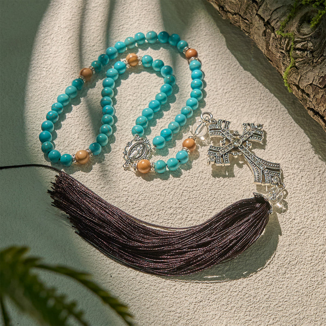 Christianartworkshop Modern Grace - Rosario con pietra preziosa turchese e ciondolo a croce con nappa - image 3