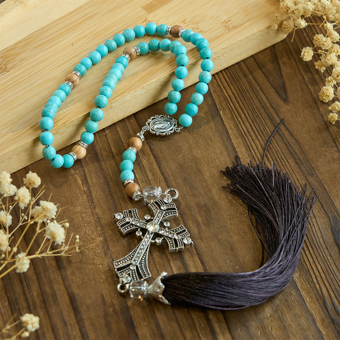 Christianartworkshop Modern Grace - Rosario con pietra preziosa turchese e ciondolo a croce con nappa - image 5
