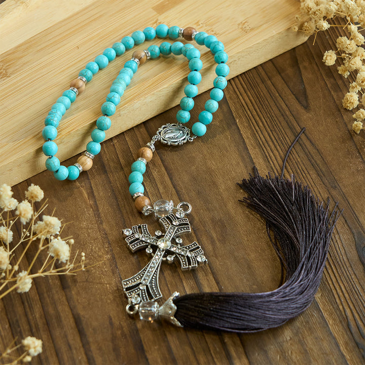 Christianartworkshop Modern Grace - Rosario con pietra preziosa turchese e ciondolo a croce con nappa - image 5