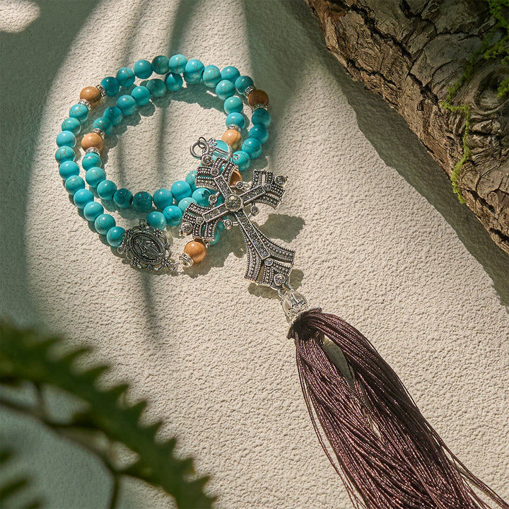 Christianartworkshop Modern Grace - Rosario con pietra preziosa turchese e ciondolo a croce con nappa - image 1