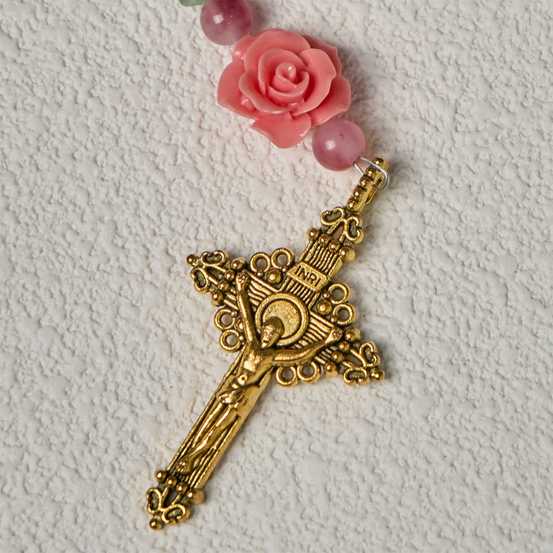 Christianartworkshop Rosario in bambù pacifico e fiori rosa con crocifisso e calice sacro - image 10
