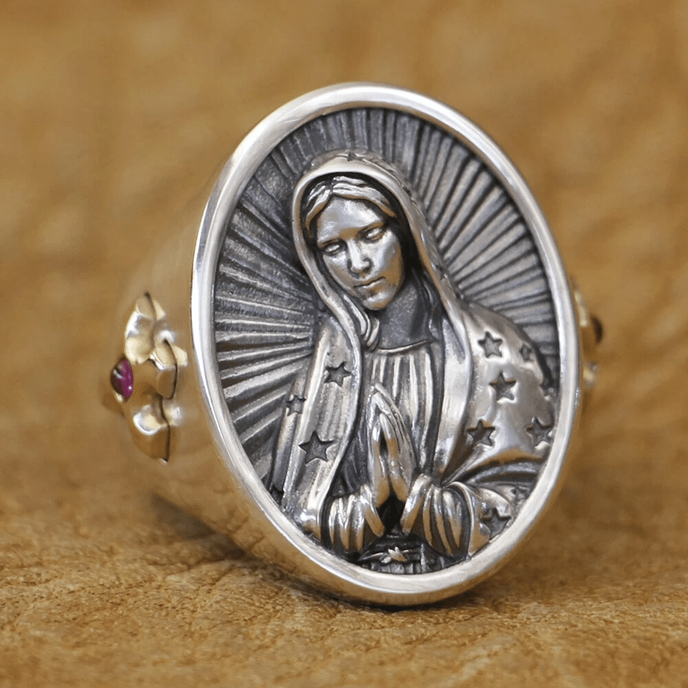 Christianartworkshop Anello ovale della Vergine Maria in argento 925 Protezione divina e preghiera - image 1