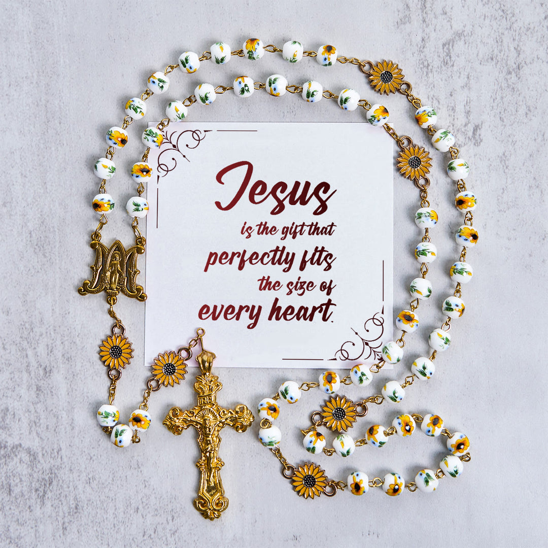 Christianartworkshop Gesù è il dono: rosario floreale giallo fatto a mano ispirato ai girasoli con carta regalo - Gesù è il Dono - image 0